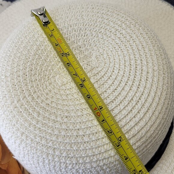WHITE Paper Straw Hat Blue Trim Floral Embellish Wide Brim Sun Beach Hat - Picture 12 of 13
